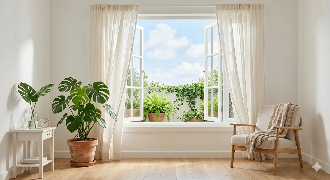 Ventana abierta con brisa fresca para eliminar humedad.