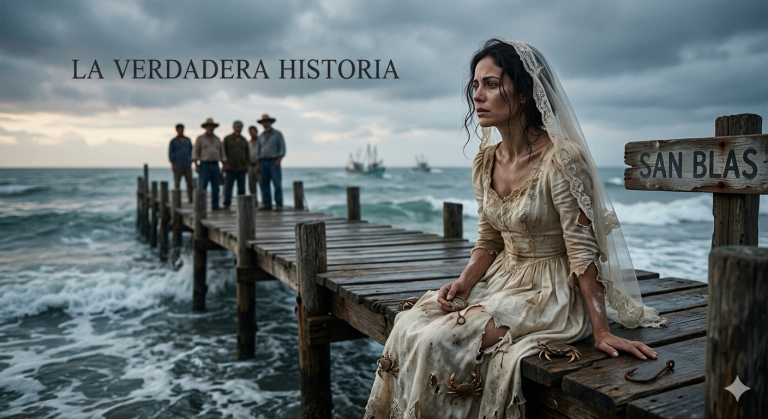"Concepto visual de la leyenda de la mujer que esperó en el muelle de San Blas a su prometido, vestida de novia y mirando al mar en Nayarit, México.".