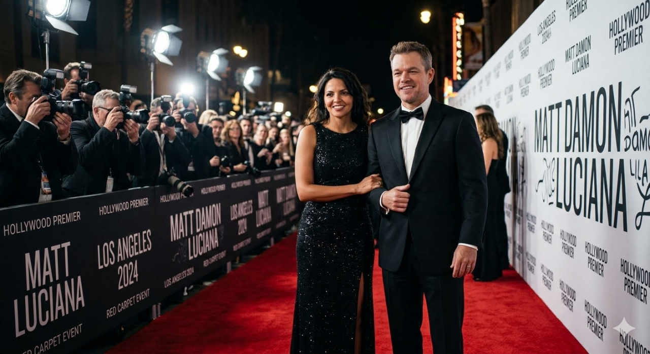Concepto visual de Luciana Barroso y Matt Damon sonriendo juntos en una alfombra roja, ilustrando su estable historia de amor