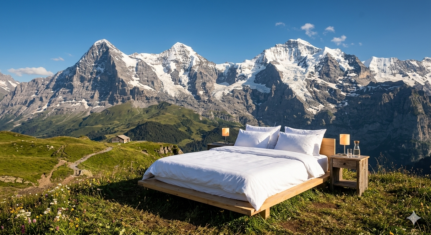 Cama doble de hotel Null Stern instalada al aire libre en una montaña de los Alpes suizos, sin paredes ni techo, con vistas panorámicas.".