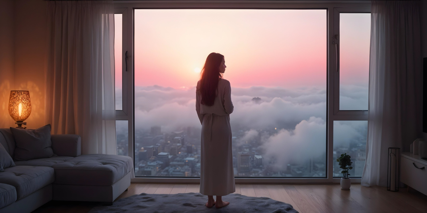 "Mujer observando el amanecer desde un ventanal para iniciar su rutina de bienestar mental.