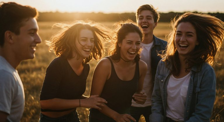 "Un grupo de amigos riendo y compartiendo un momento de felicidad, ilustrando cómo aplicar la filosofía de Epicuro para la felicidad.