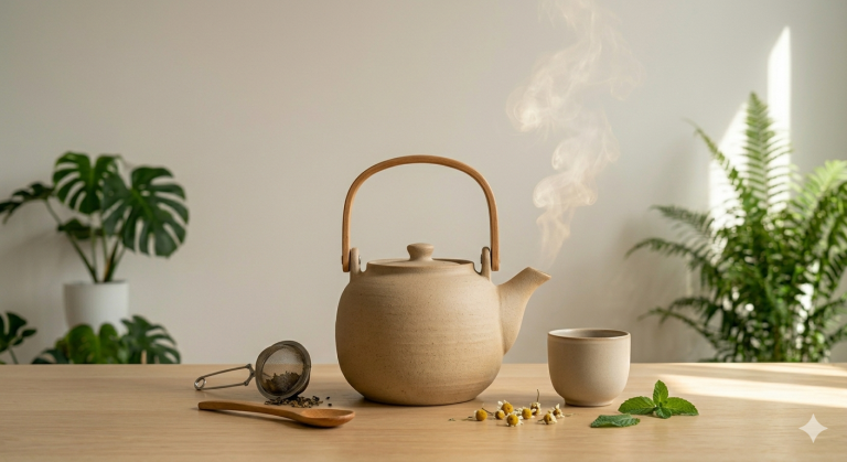 Tetera de cerámica minimalista con vapor saliendo, acompañada de una taza de té, manzanilla y hojas de menta fresca sobre una mesa de madera clara.