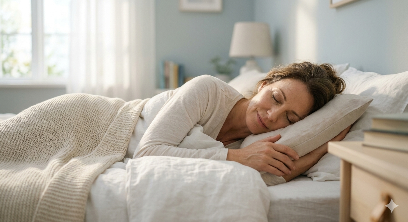 Mujer de 45 años durmiendo profundamente y reparando su metabolismo. Una escena de bienestar integral.