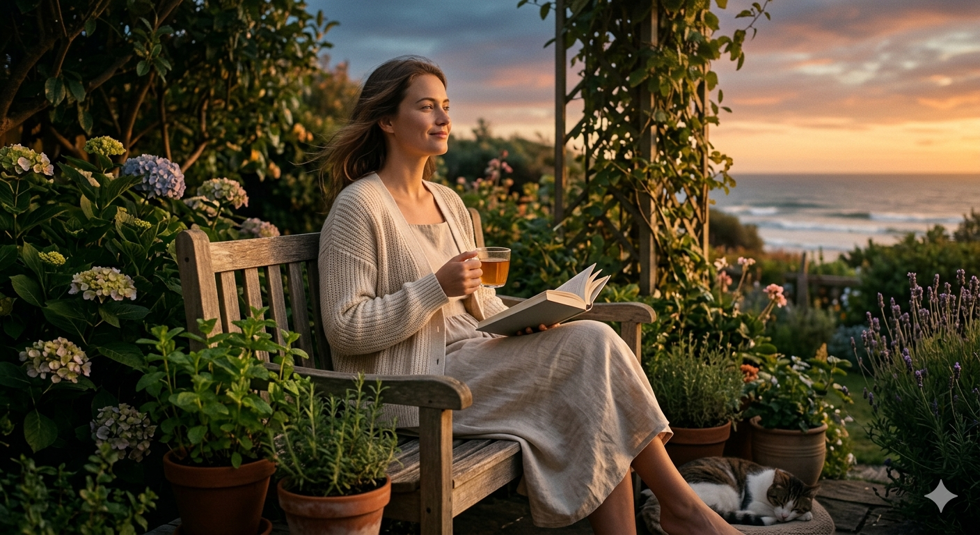 Mujer relajada leyendo un libro en un jardín al atardecer, representando la paz mental y el bienestar de ser feliz en soledad.