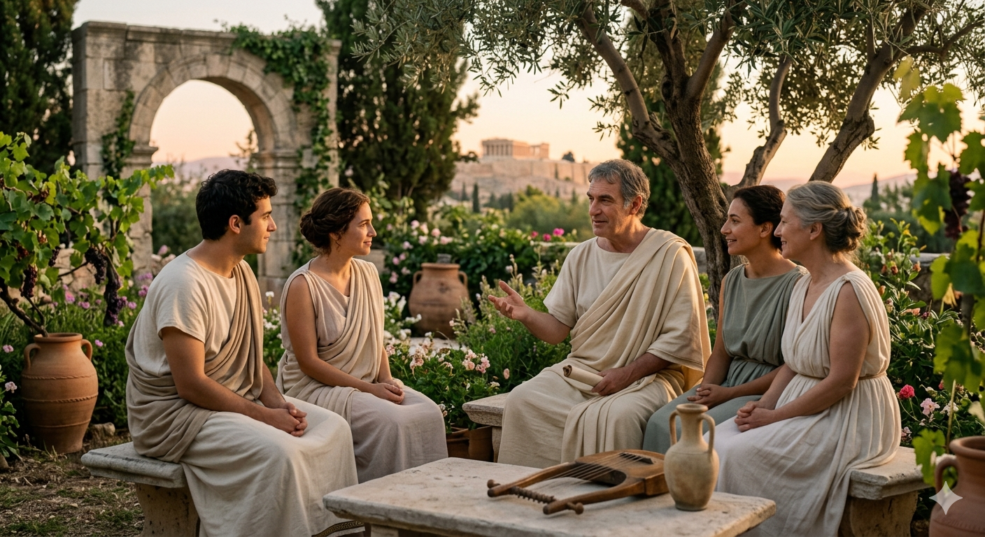 "Un grupo de amigos riendo y compartiendo un momento de felicidad, ilustrando cómo aplicar la filosofía de Epicuro para la felicidad.