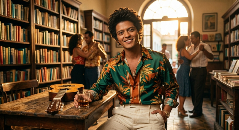 Retrato íntimo de Bruno Mars con estilo retro latino y tropical, inspirado en las raíces de su álbum 'The Romantic', en una calle colonial.