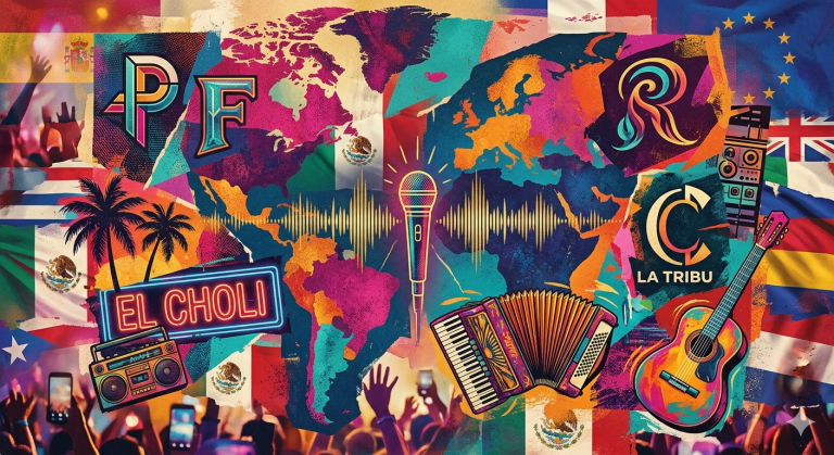 Collage artístico de gran ángulo con elementos de música latina: micrófono dorado, guitarra acústica, luces de neón y banderas estilizadas, representando la diversidad y el éxito global de la música latina en 2026."