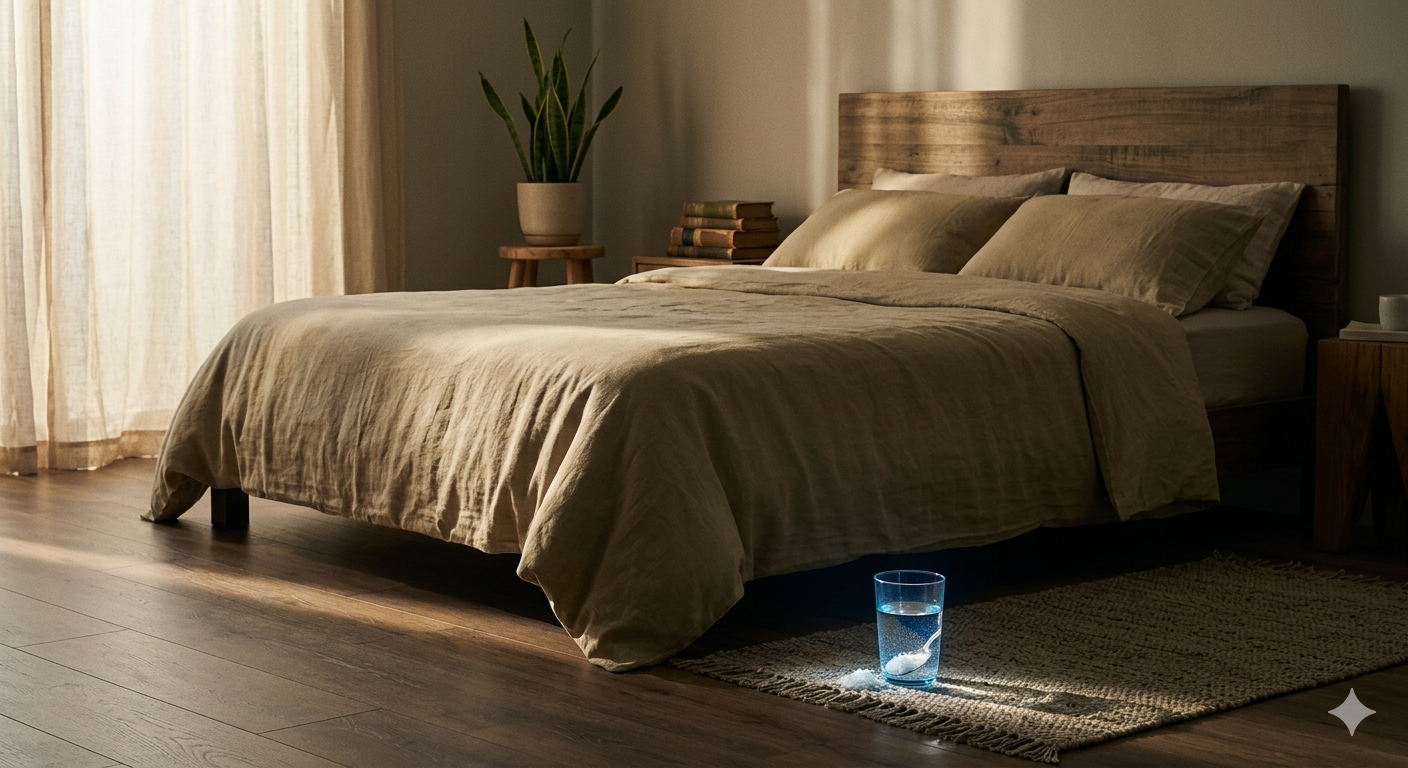 "Concepto visual del ritual del vaso de agua con sal debajo de la cama para limpieza energética Feng Shui en un dormitorio sereno.".