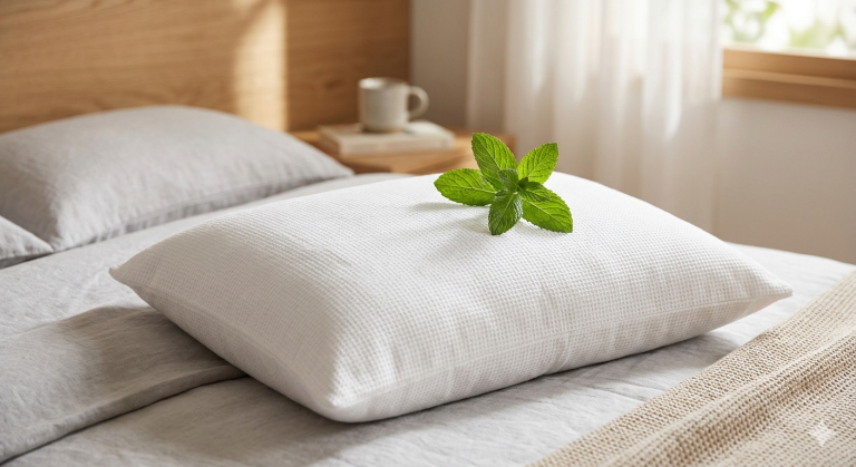 Primer plano de una ramita de hierbabuena fresca sobre una almohada blanca para un remedio natural para dormir mejor.