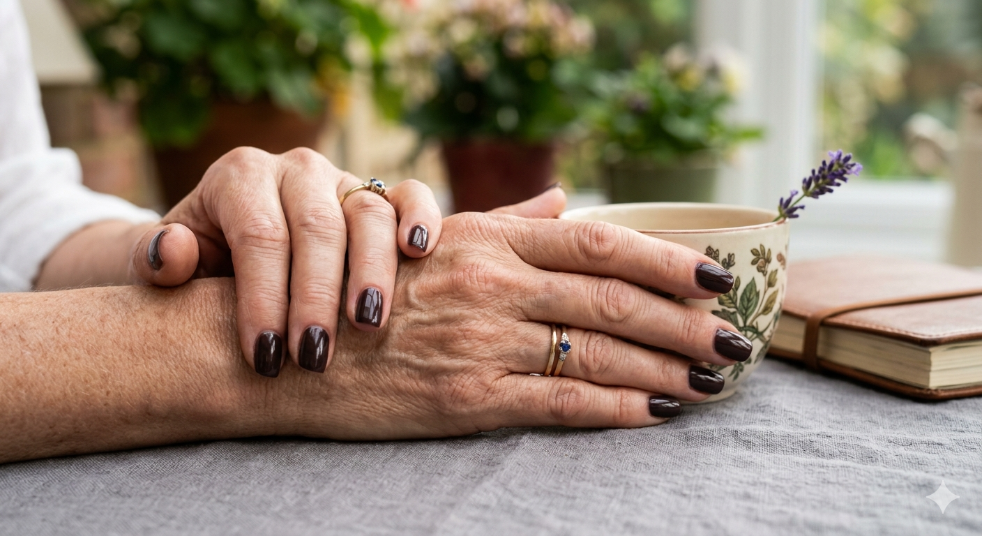 Primer plano fotorrealista de manos maduras con textura natural y anillos, con una manicura de esmalte marrón oscuro brillante sobre un fondo de jardín desenfocado.
