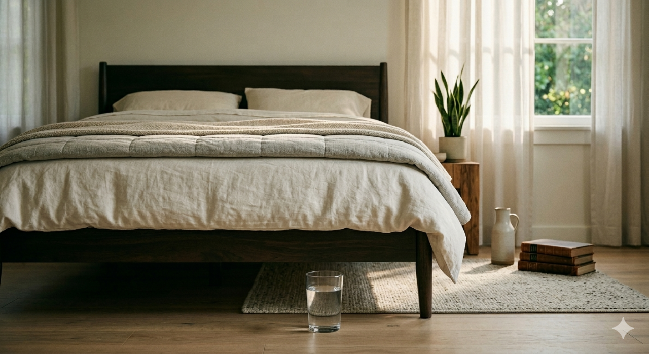 Concepto visual de la limpieza energética con un vaso de agua pura debajo de la cama en un dormitorio protector.