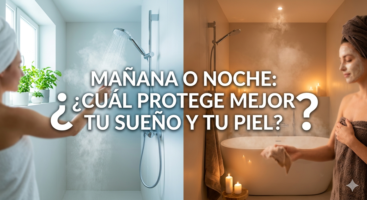 "Composición conceptual de una ducha dividida entre la frescura de la mañana con luz fría y la relajación de la noche con velas y vapor."