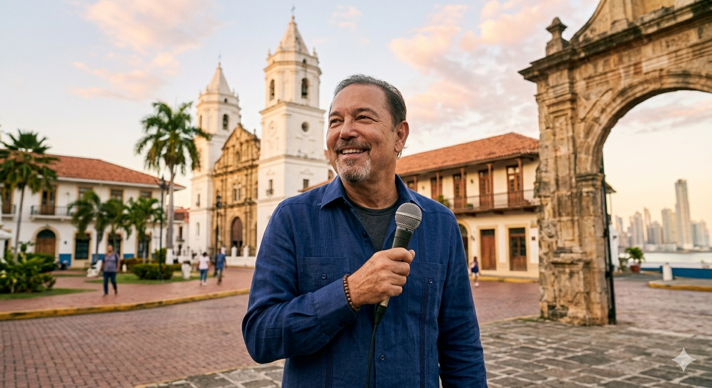 Rubén Blades sonriendo con un micrófono en el set de filmación de Sube la Marea Remix en el Casco Antiguo de Panamá.
