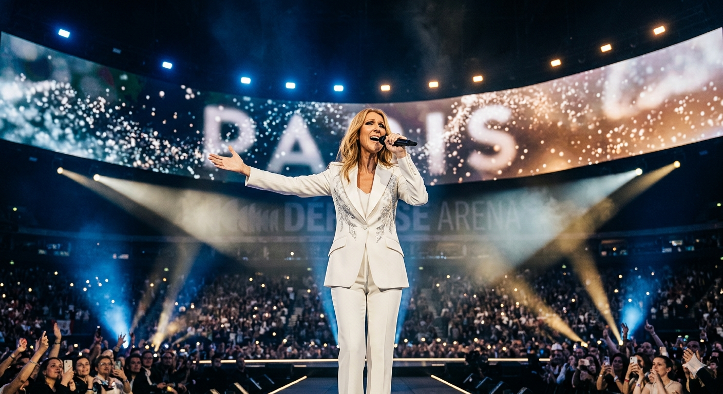 Retrato profesional de Celine Dion cantando en un gran escenario de concierto con luces espectaculares en París.