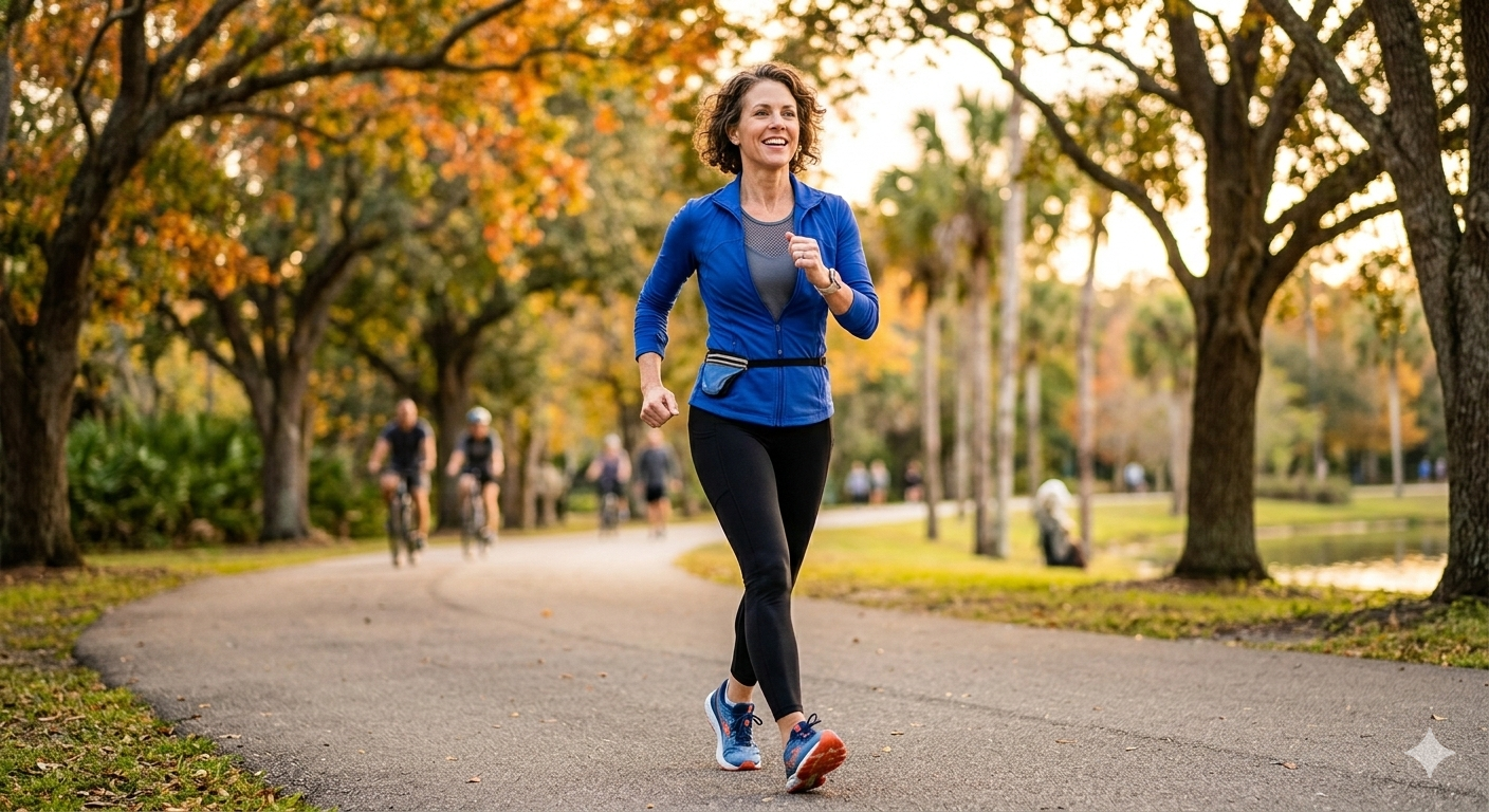 Mujer mayor de 45 años realizando una caminata rápida al aire libre como ejercicio diario.