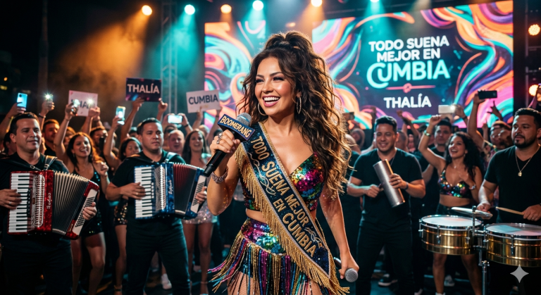 Thalía en concierto en Miami, presentando en vivo su nuevo álbum 'Todo Suena Mejor En Cumbia' y el sencillo 'Boomerang'.