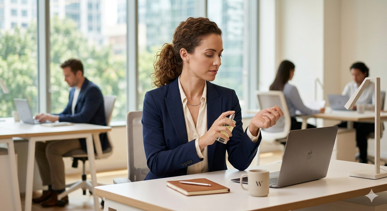 Concepto visual de una profesional aplicando perfume de manera discreta en su escritorio en una oficina moderna y compartida.