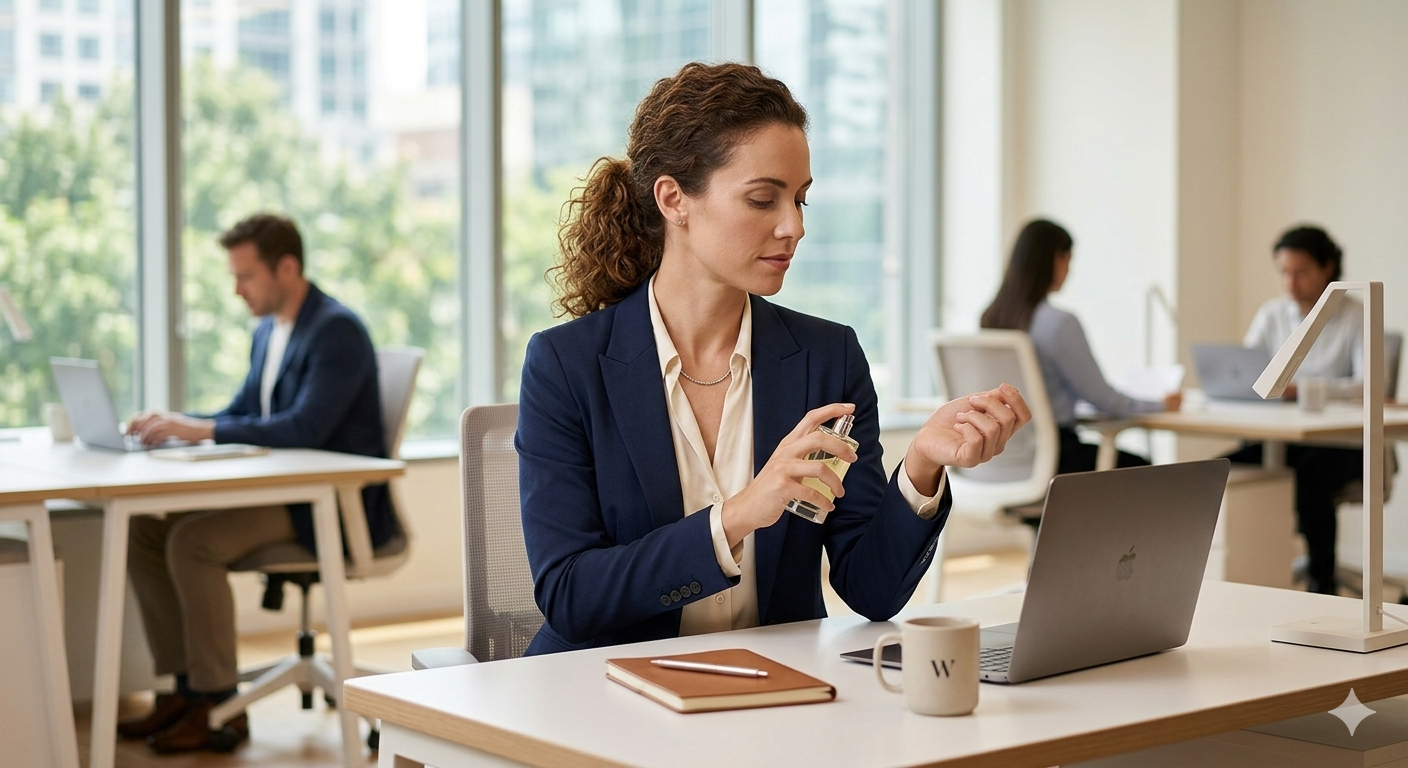 Concepto visual de una profesional aplicando perfume de manera discreta en su escritorio en una oficina moderna y compartida.