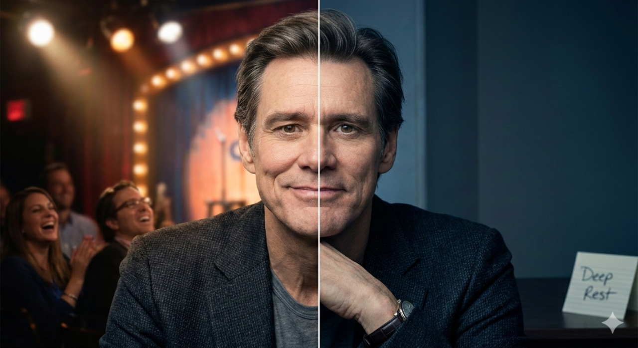 Jim Carrey dualidad: el payaso y el reflexivo. La imagen representa cómo usó el humor para sanar el dolor de su madre.