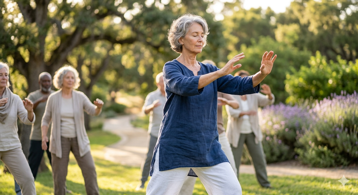 Personas mayores de 60 practicando Tai Chi en un parque para mejorar el equilibrio según estudio de Harvard.