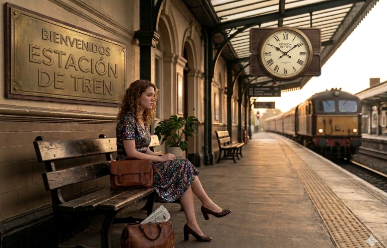 Penélope fundida con una imagen difusa de una mujer esperando en una estación de tren.
