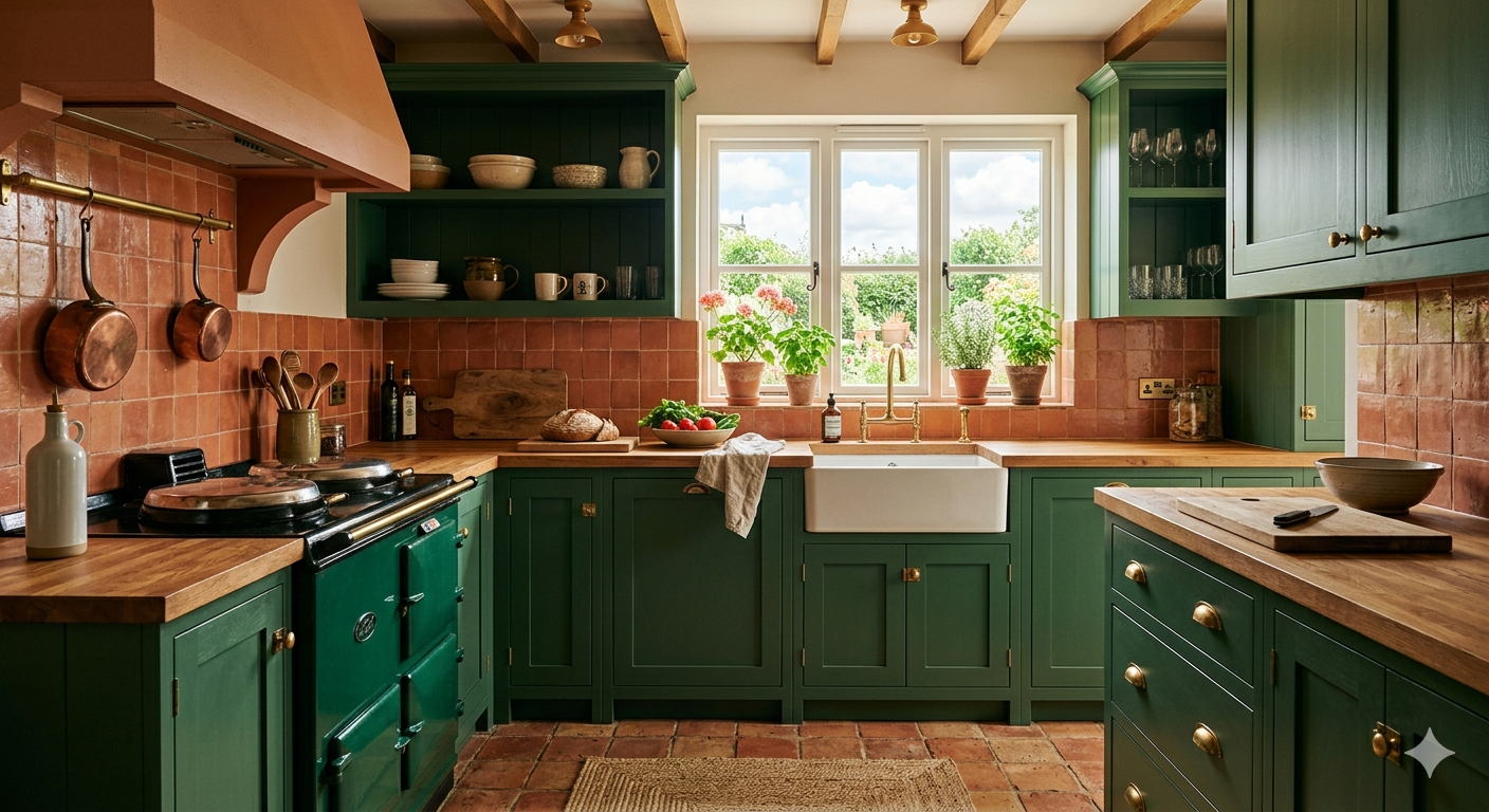Vista de una cocina rústica moderna con armarios verde bosque, azulejos de pared terracota, encimeras de madera y suelo de baldosas de barro rústico.