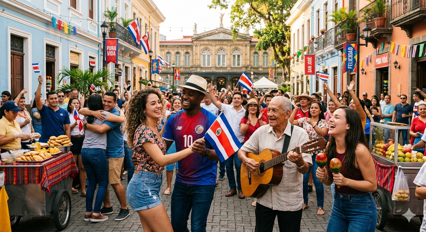 Grupo de personas celebrando alegremente en una calle colorida de San José, Costa Rica.