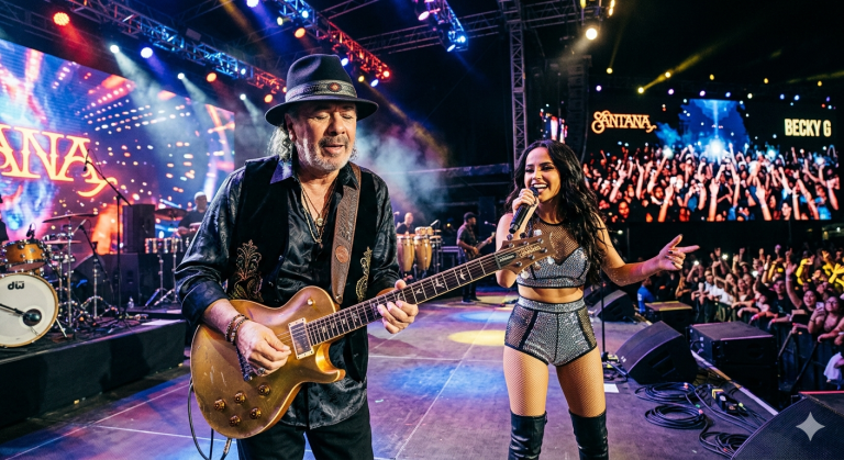 Carlos Santana tocando la guitarra eléctrica junto a Becky G cantando en un escenario iluminado durante un concierto en vivo.