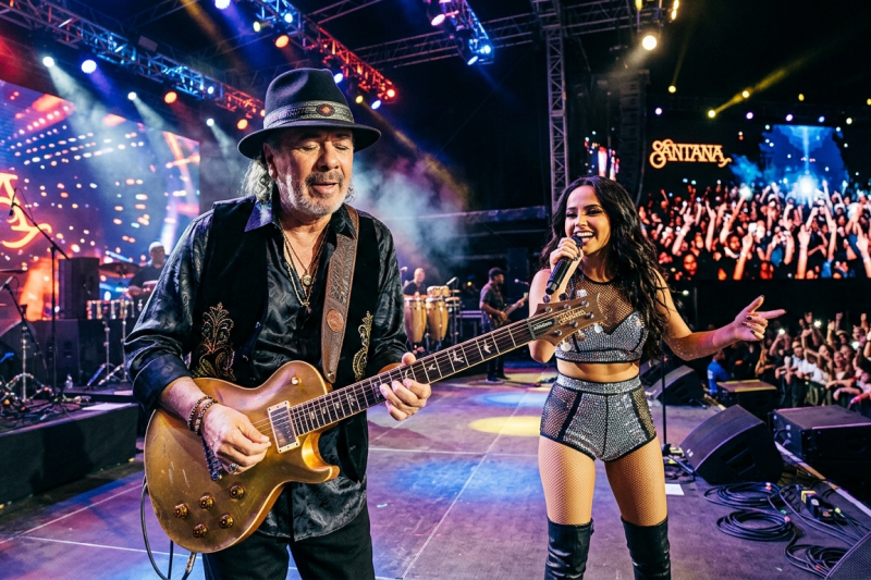 Carlos Santana tocando la guitarra eléctrica junto a Becky G cantando en un escenario iluminado durante un concierto en vivo.