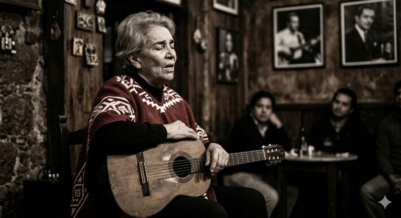 Representación artística de una cantante con poncho tradicional y guitarra en una cantina rústica, evocando la interpretación de Chavela Vargas.