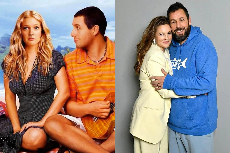 Drew Barrymore y Adam Sandler sonriendo juntos en un evento de Hollywood.