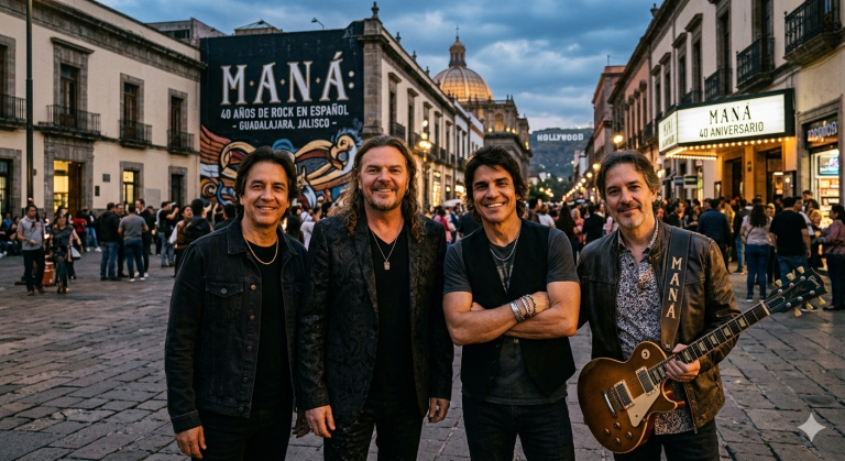 Los cuatro integrantes de la banda de rock mexicana Maná posando juntos en una calle adoquinada