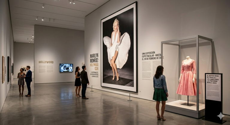'Marilyn Monroe: Hollywood Icon'. La exposición presenta un gran retrato enmarcado de Marilyn Monroe con su icónico vestido blanco